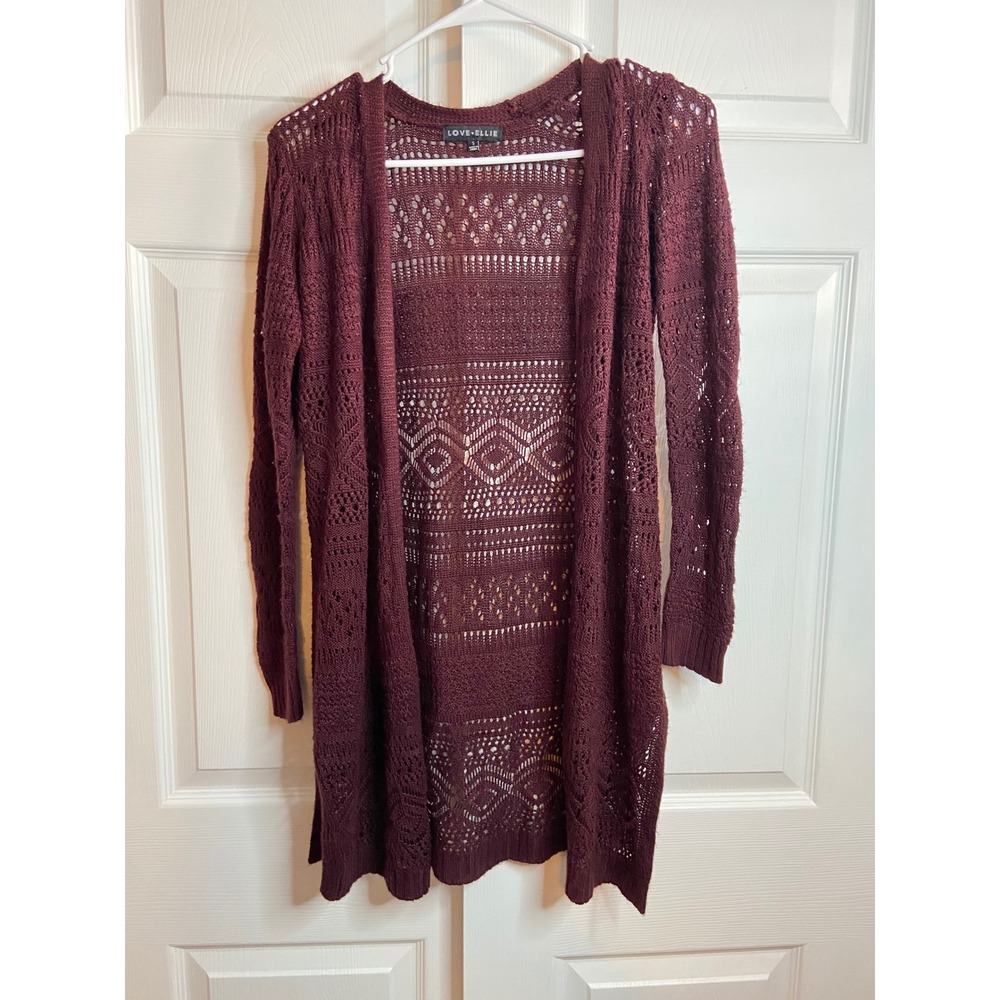 Love Ellie Burgundy Crochet Knit Open Front Longline Cardigan Sweater Small